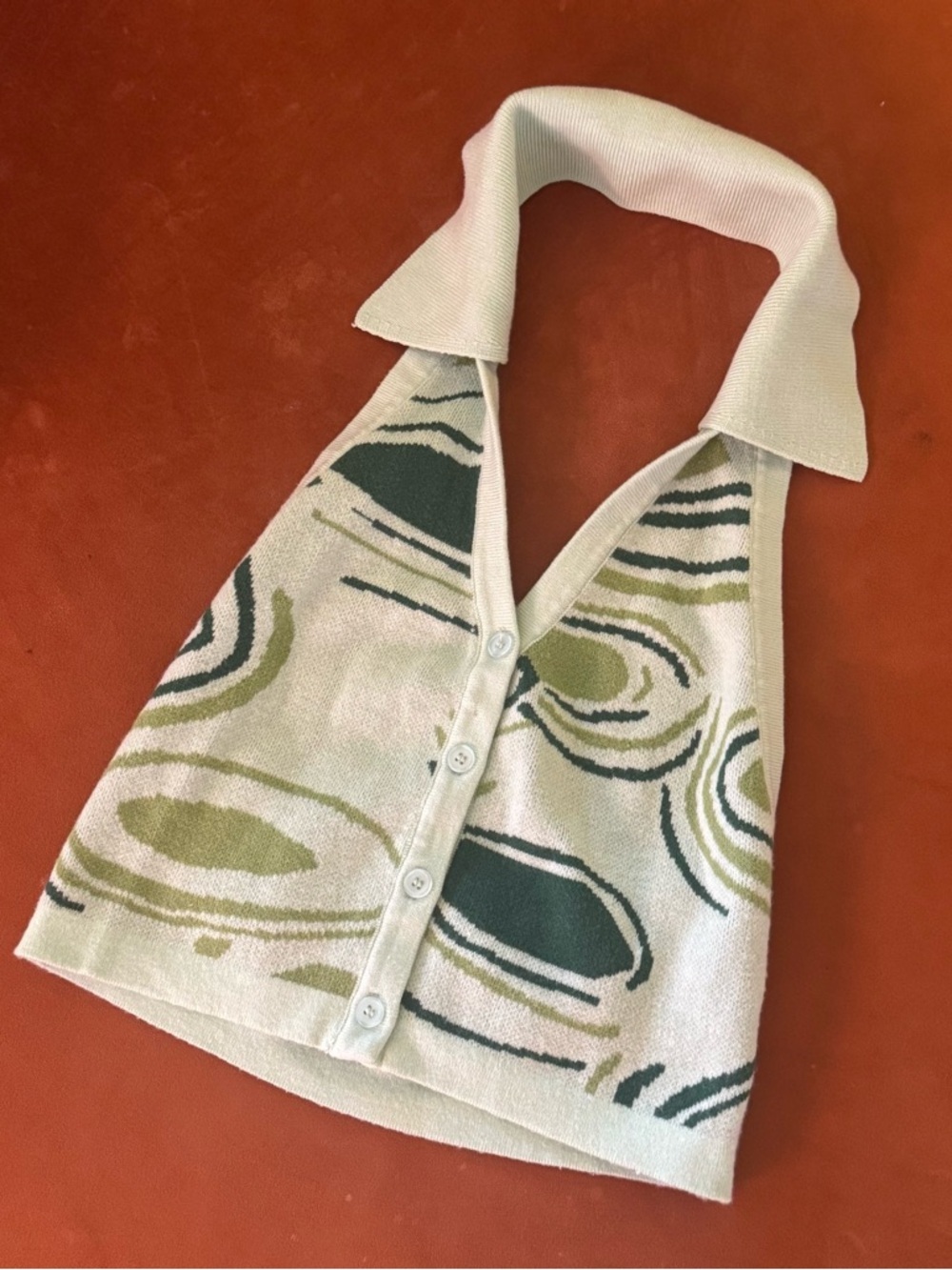 Sleeveless Collared Knit Crop Tank w Retro Green Print - Excellent Condition - Picture 3 of 9